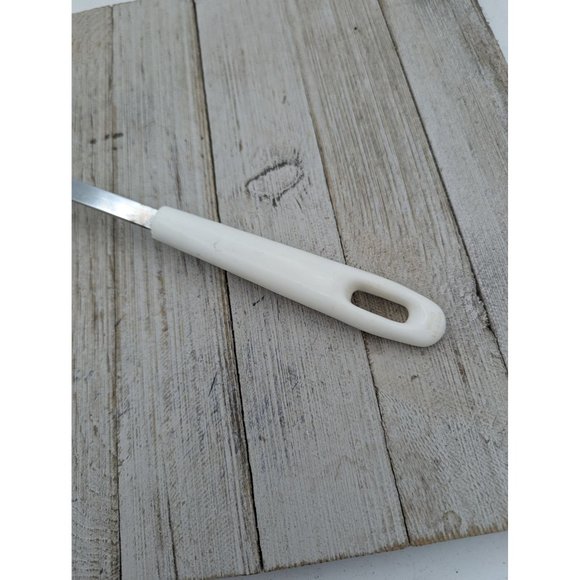 Serving Solid Spoon 12 1/2" Vintage White Handle Chrome - Picture 6 of 6